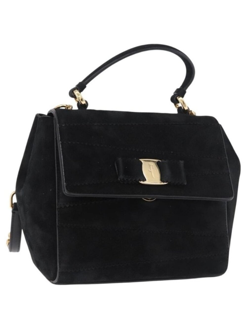 Authentic Salvatore Ferragamo Vala Chain Shoulder Bag Suede 2way Black Gold